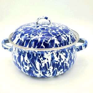 Golden Rabbit Enamelware Dutch Oven White And Blue Cobalt Swirl 2.5 Quart